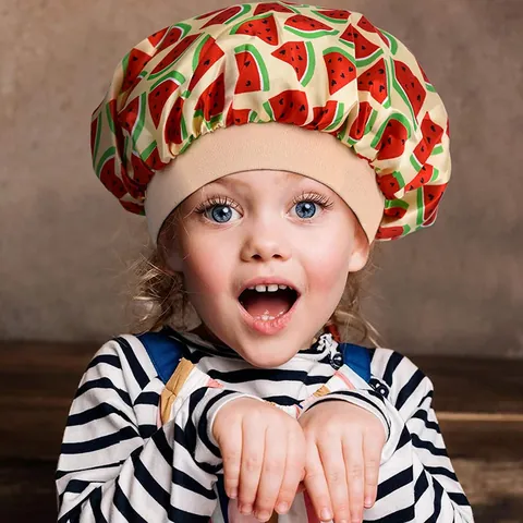 Baby Kids Elastic Satin Sleeping Cap Soft Hair Care Bonnet Watermelon Apple Smiley Pattern Night Sleep Hat For Toddlers