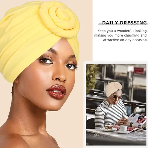 Bohemian Women's Turban Hat Twisted Rose Flower Knot Pleated Head Wrap Soft Polyester Bonnet For Daily Religious Party Accessories