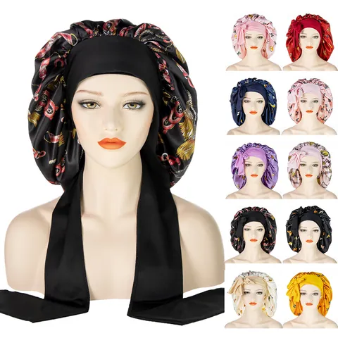 Damen Große Satin Schlafhaube Verstellbare Breitband-Schleife Haarpflegekappe Schmetterlingsdruck Retro-Kette Nachtmütze