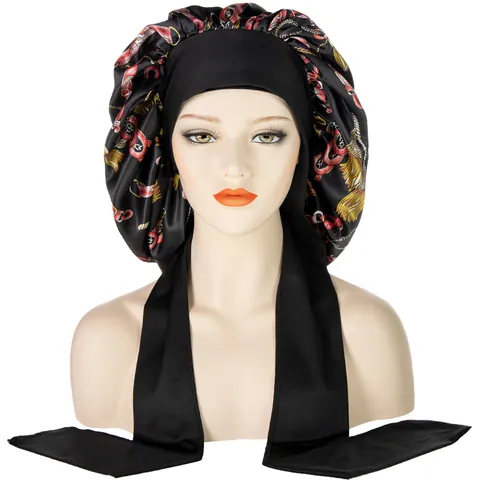 Damen Große Satin Schlafhaube Verstellbare Breitband-Schleife Haarpflegekappe Schmetterlingsdruck Retro-Kette Nachtmütze
