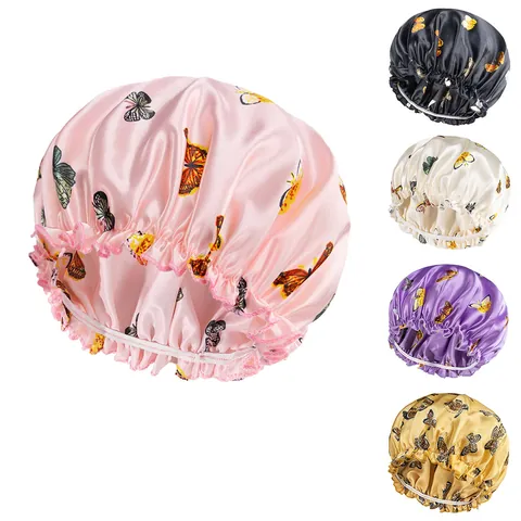 Women Butterfly Print Satin Sleep Bonnet Elastic Wide Band Hair Care Nightcap For Sleeping Beauty Hair Protection Headwear