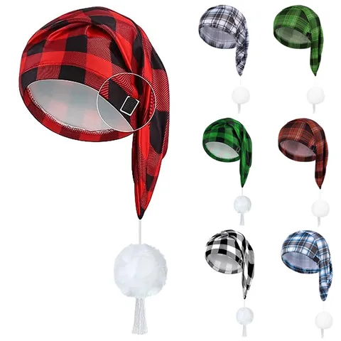 Unisex Plaid Satin Long Tail Sleeping Cap Adjustable Christmas Hat With Soft Pom Pom And Tassel Polyester Nightcap For Hair Protection Adult Party Headwear