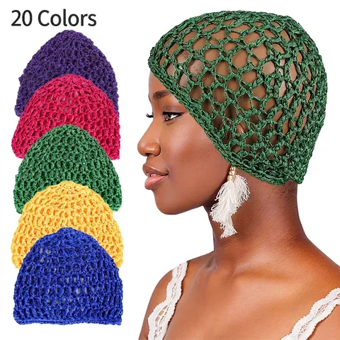 Women Knitted Mesh Hair Net Snood Crochet Hollow Out Beanie Cap Solid Color Hair Accessories For Styling Daily Headwear