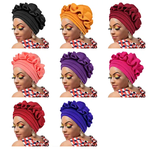 Women Pleated Turban Hat Polyester Ruffle Headwrap Ethnic Style Breathable Solid Color Bonnet For Sleeping Makeup Daily