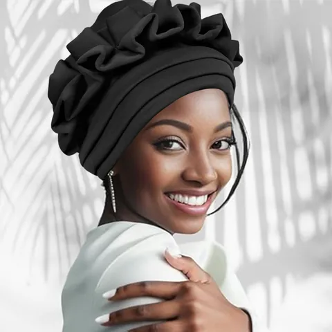 Women Pleated Turban Hat Polyester Ruffle Headwrap Ethnic Style Breathable Solid Color Bonnet For Sleeping Makeup Daily