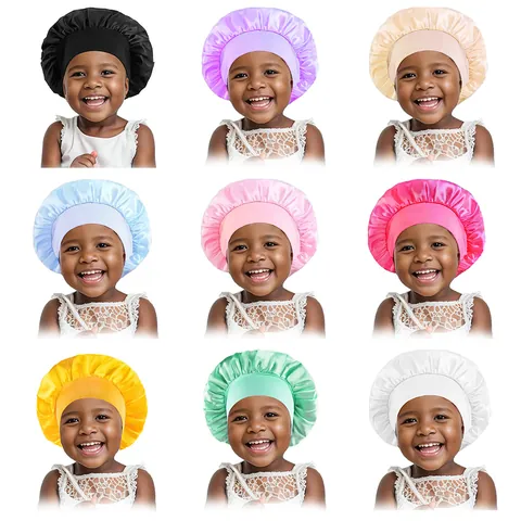 Kids Satin Bonnet Sleep Cap For Girls Elastic Wide Band Hair Care Night Cap Solid Color Toddler Shower Hat