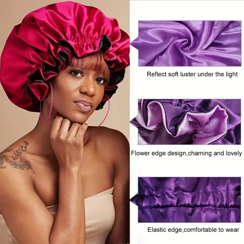 Women's Double Layer Satin Sleep Bonnet Reversible Hair Protection Night Cap With Elastic Ruffle Edge Nightcap Comfortable Head Wrap
