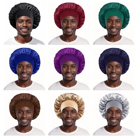 Elastic Wide Band Satin Bonnet For Men Women Sleep Cap Hair Care Silk Feel Nightcap For Curly Hair Solid Color Bonnet