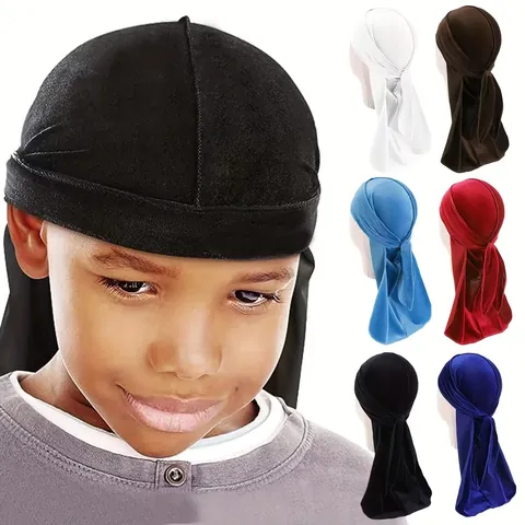 Kids Velvet Long Tail Durag Cap Solid Color Soft Velour Pirate Hat For Boys Girls Hip Hop Style Headwrap Hair Accessory