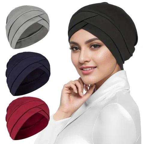 Women's Turban Hat Cross Forehead Pleated Beanie Soft Breathable Polyester Headwrap For Daily Casual Chemo Sleep Accessory