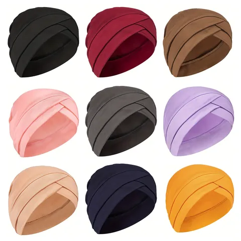 Women's Turban Hat Cross Forehead Pleated Beanie Soft Breathable Polyester Headwrap For Daily Casual Chemo Sleep Accessory