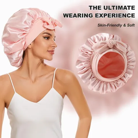 Women Satin Sleep Bonnet With Long Ribbon Large Bow Soft Polyester Hair Care Cap For Sleeping Nightcap Daily Hair Protection