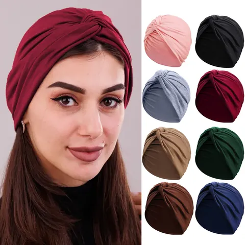 Women Elastic Knot Turban Hat Muslim Headscarf Cross Twist Headwrap Soft Breathable Pleated Beanie Cap For Daily Wear
