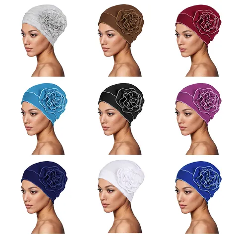 Women's Fashion Turban Hat With Large 3D Flower Solid Color Elastic Headwrap For Chemo Hair Loss Casual Everyday Accessories