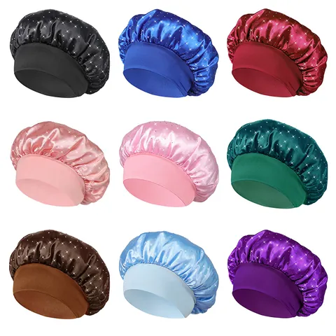 Damen Satin Schlafmütze Strass Haarpflege Kappe Breites Band Elastische Nacht Schlafmütze Seidenähnlicher Haarschutz Hut