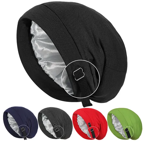 Adjustable Satin Lined Slouchy Beanie Sleep Cap For Women Men Polyester Double Layer Hair Care Night Bonnet Hat Protection