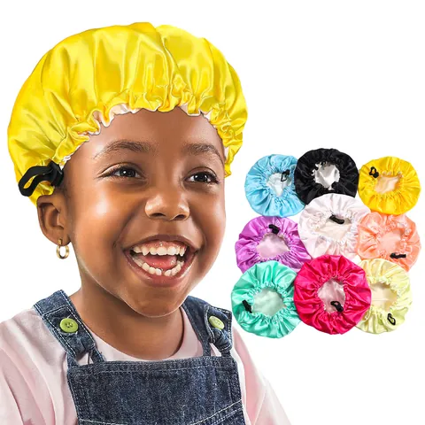 Kids Adjustable Satin Sleep Bonnet Double Layer Hair Care Cap For Toddler Girls Elastic Night Sleep Hat Solid Cartoon Print