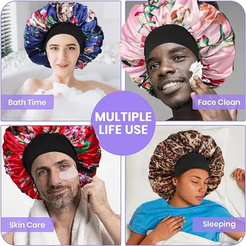 Große Satin Schlafmütze Für Damen Leopard Blumenmuster Breites Elastikband Haarpflege Nachtmütze Home Bath Head Wrap