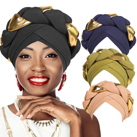 Women's African Braided Turban Hat Ribbed Polyester Gold Metallic Twist Headwrap Cross Front Ethnic Fashion Hijab Head Cover