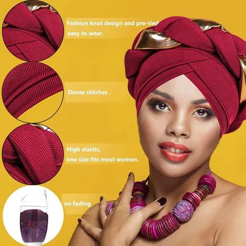 Women's African Braided Turban Hat Ribbed Polyester Gold Metallic Twist Headwrap Cross Front Ethnic Fashion Hijab Head Cover
