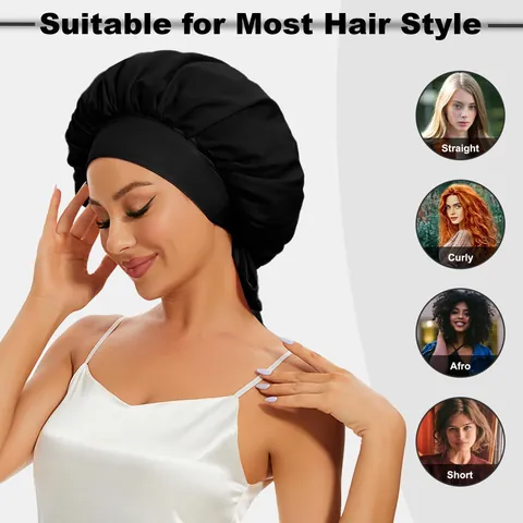 Gorro de Dormir de Satén para Protección del Cabello Banda Elástica Ancha Lazo Doble Capa Gorro de Noche Mujeres Cabello Rizado Hogar