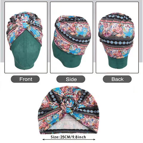 Women African Style Turban Hat Vintage Floral Printed Elastic Twisted Knot Beanie Cap Headwrap Head Cover Fashion Accessories