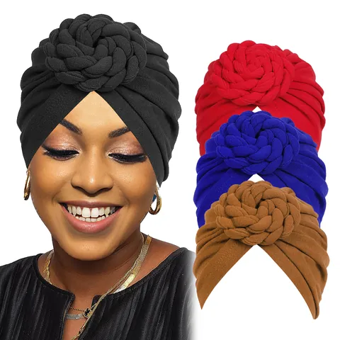 Women Fashion Turban Hat Braided Flower Twisted Knot Headwrap Pre-Tied Bonnet For Daily Party Travel Bohemian Accessories