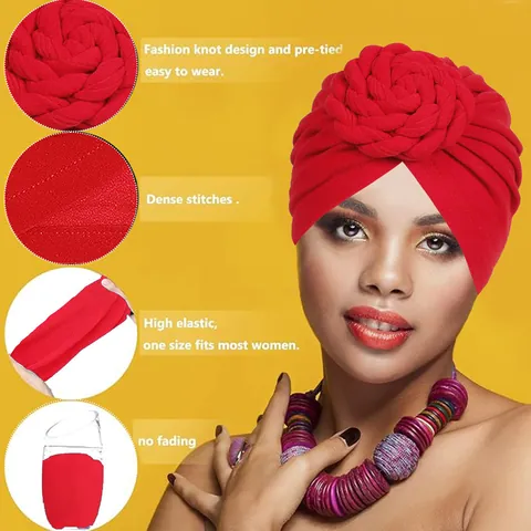 Women Fashion Turban Hat Braided Flower Twisted Knot Headwrap Pre-Tied Bonnet For Daily Party Travel Bohemian Accessories