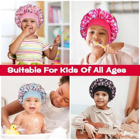 Kids Satin Bonnet Sleep Cap For Girls Hair Care Elastic Wide Band Night Hat With Unicorn Rainbow Printed Design For Girls