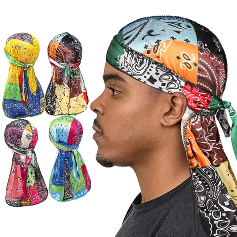 Ανδρικό Durag από Σατέν Patchwork Λαχούρι Bandana Hip Hop Μακριά Ουρά Καπέλο Τουρμπάνι για Φροντίδα Μαλλιών Streetwear Διακοσμητικό Κάλυμμα Κεφαλής