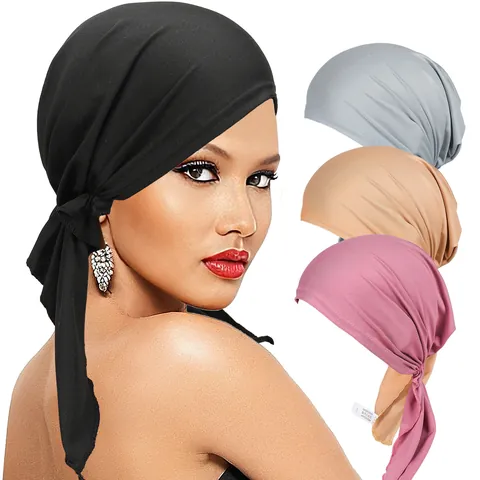 Women Fashion Turban Cap Breathable Polyester Headscarf Solid Color Chemo Care Hat Soft Headwrap With Long Tie For Daily