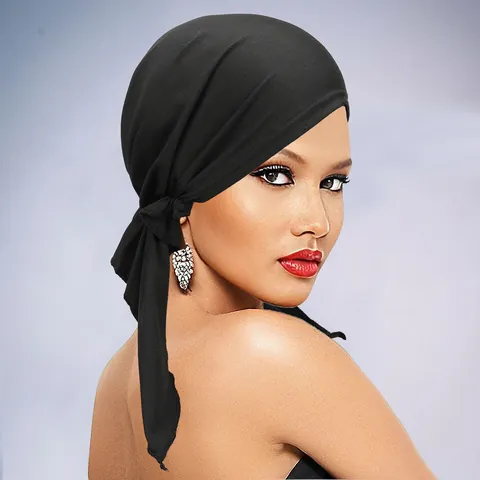 Women Fashion Turban Cap Breathable Polyester Headscarf Solid Color Chemo Care Hat Soft Headwrap With Long Tie For Daily