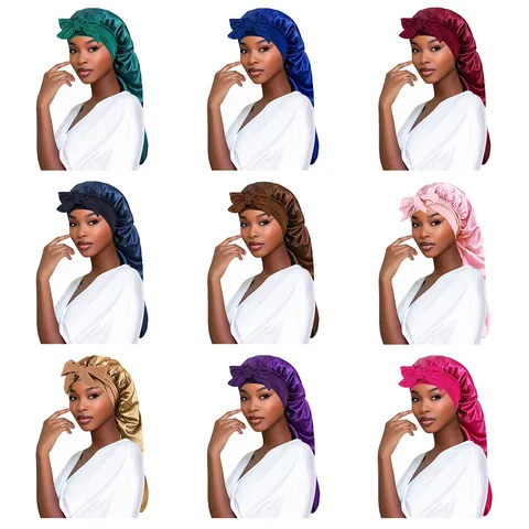 Cuffia da Notte in Raso Donna con Fiocco Extra Large Coda Lunga per la Cura dei Capelli Berretto Notturno Traspirante Elastico