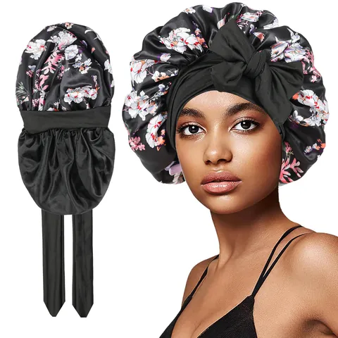 Women Satin Sleep Bonnet Floral Print Double Layer Large Hair Care Cap With Long Elastic Tie Band Bow Hair Wrap