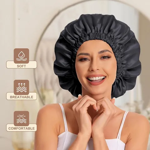 Gorro de Noche de Satén de Doble Capa Borde Rizado de Alta Elasticidad Gorro para el Cuidado del Cabello para Dormir Color Sólido