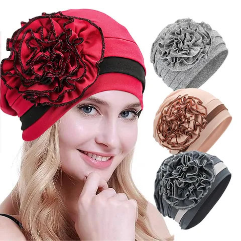 Women's Elastic Polyester Turban Hat With Large 3D Side Flower Decoration Fashion Muslim Headwrap For Daily Party Head Accessory