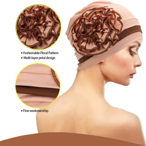 Women's Elastic Polyester Turban Hat With Large 3D Side Flower Decoration Fashion Muslim Headwrap For Daily Party Head Accessory