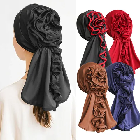 Women Elegant Polyester Turban Hat With Large 3D Flower Design Muslim Headscarf Crossed Front Pleated Pullover Cap Headwear