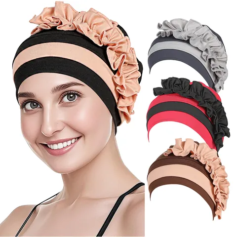 Cappello Turbante con Volant a Contrasto Bicolore da Donna in Misto Cotone Poliestere Elastico Pre-Annodato Beanie Cuffia Notte
