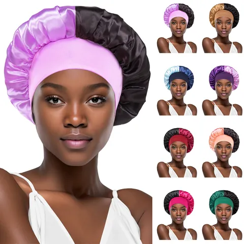 Women Double Color Satin Sleep Bonnet High Elastic Wide Band Hair Care Night Cap Color Block Satin Lining Sleeping Hat