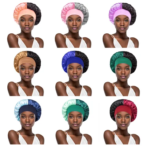 Women Double Color Satin Sleep Bonnet High Elastic Wide Band Hair Care Night Cap Color Block Satin Lining Sleeping Hat