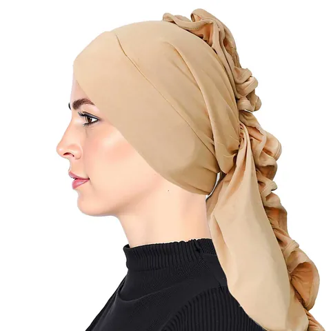 Women Elegant Polyester Turban Hat With Large 3D Flower Design Muslim Headscarf Crossed Front Pleated Pullover Cap Headwear