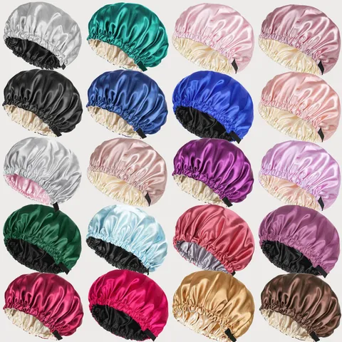 Cuffia da Notte in Satin a Doppio Strato da Donna Regolabile Reversibile Protezione per Capelli Berretto Notturno Traspirante Tinta Unita
