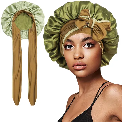 Gorro de Noche de Satén de Doble Capa para Mujer Con Correas Largas Lazo Gorro Suave para el Cuidado del Cabello