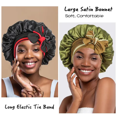 Gorro de Noche de Satén de Doble Capa para Mujer Con Correas Largas Lazo Gorro Suave para el Cuidado del Cabello