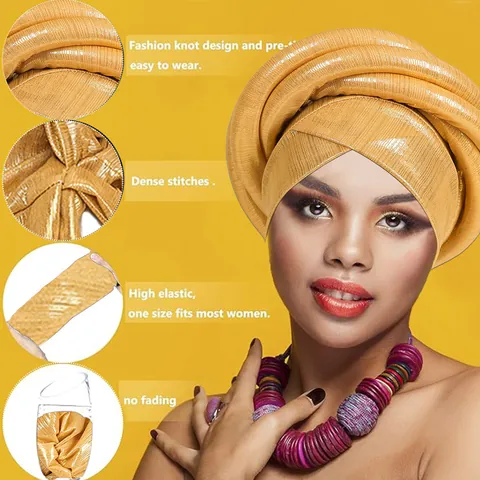 African Laser Metallic Turban For Women Pre-tied 3D Sponge Headwrap Gele For Wedding Party Fashion Ethnic Headscarf