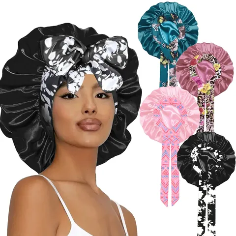Women's Satin Sleep Cap Hair Bonnet Large Printed Floral Leopard Pattern Head Wrap With Adjustable Long Tie Bow For Hair Care