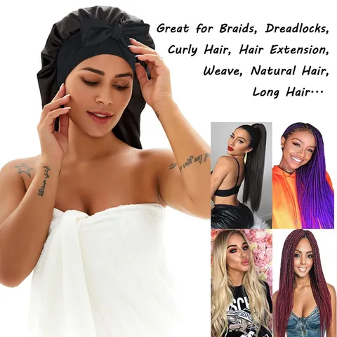 Women Extra Long Satin Sleep Bonnet With Bow Elastic Wide Band Hair Wrap For Long Curly Hair Dreadlocks Night Sleeping Cap