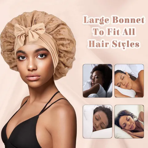 Women's Double Layer Lace Satin Sleep Cap With Large Bow Elastic Wide Band Hair Care Bonnet For Sleeping Casual Nightcap