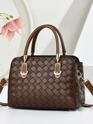 Dames Geweven Textuur Vierkante Handtas PU Leer Schoudertas Met Gouden Hardware Mode Forens Tote Bag